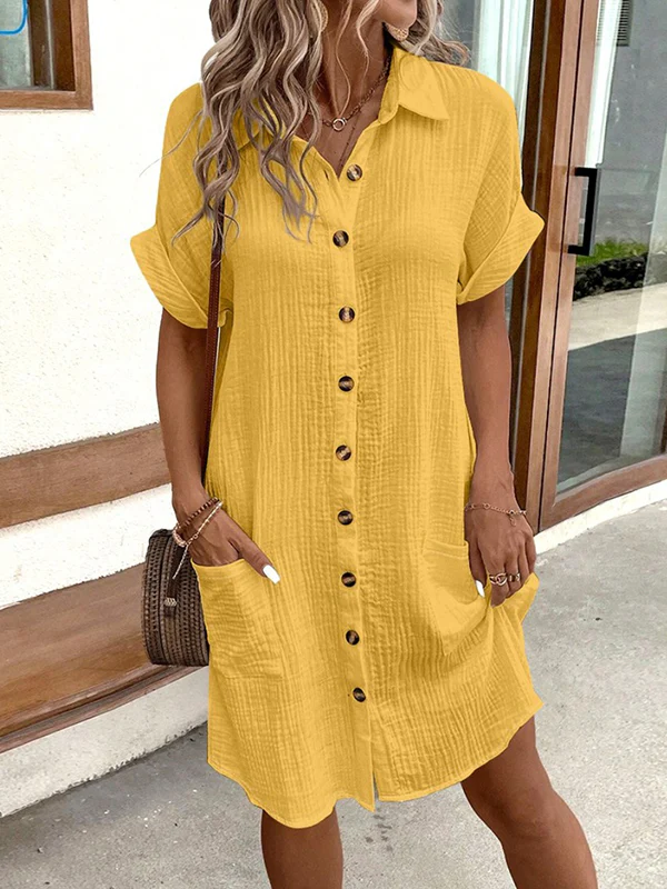 Loose Short Sleeves Pleated Split-Joint Lapel Mini Dresses Shirt Dress - Image 5