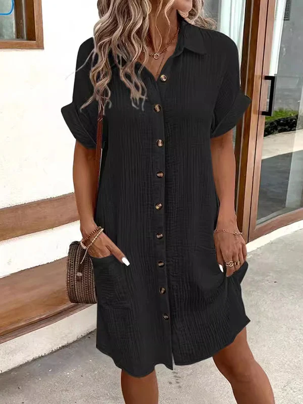Loose Short Sleeves Pleated Split-Joint Lapel Mini Dresses Shirt Dress - Image 6