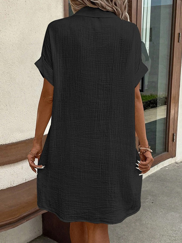 Loose Short Sleeves Pleated Split-Joint Lapel Mini Dresses Shirt Dress - Image 7