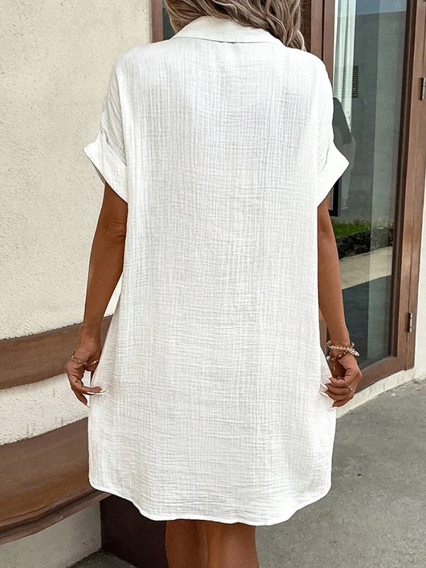 Loose Short Sleeves Pleated Split-Joint Lapel Mini Dresses Shirt Dress - Image 9