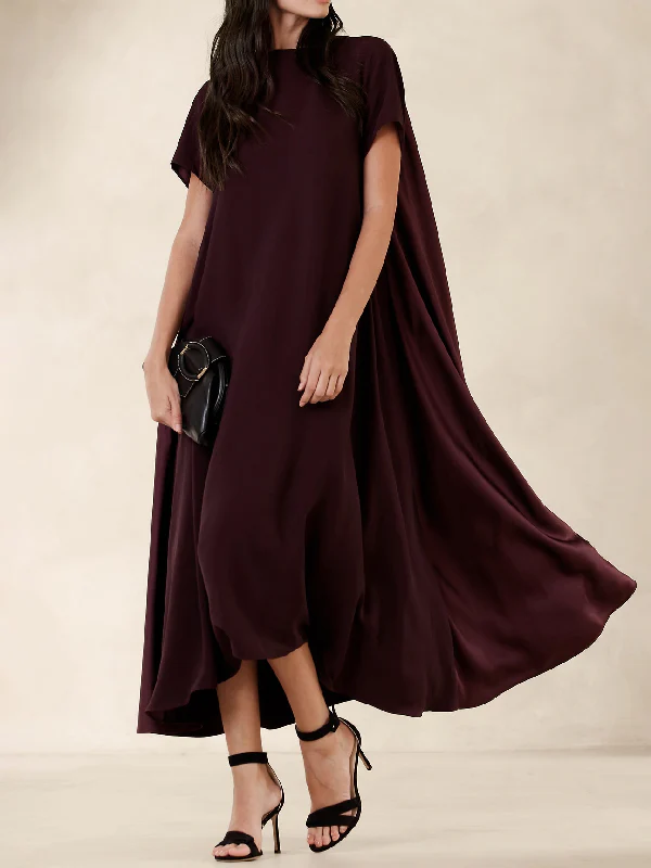 Loose Short Sleeves Pockets Solid Color Round-Neck Maxi Dresses - Image 3