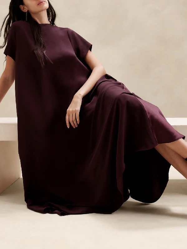 Loose Short Sleeves Pockets Solid Color Round-Neck Maxi Dresses - Image 5