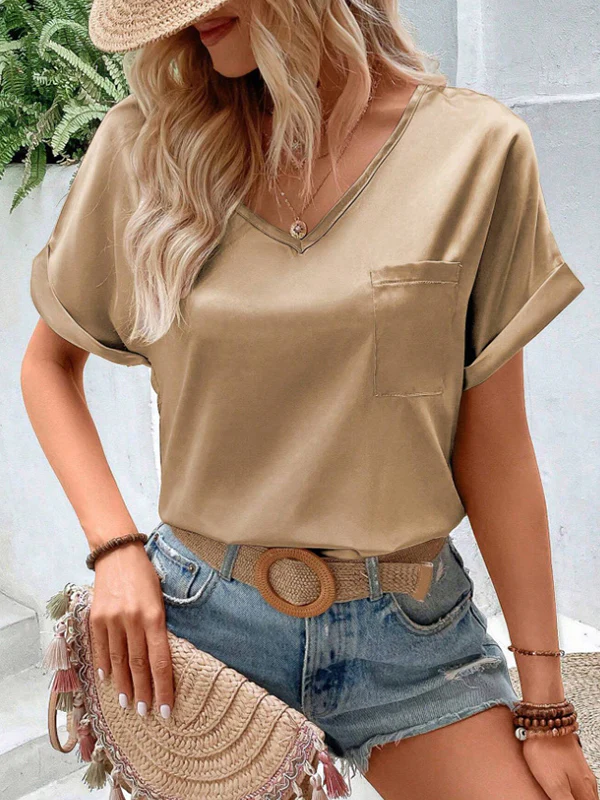 Loose Short Sleeves Pockets Solid Color V-Neck T-Shirts Tops - Image 13