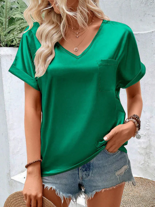 Loose Short Sleeves Pockets Solid Color V-Neck T-Shirts Tops - Image 3