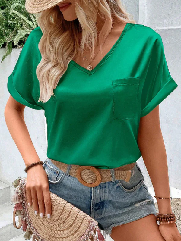 Loose Short Sleeves Pockets Solid Color V-Neck T-Shirts Tops - Image 8