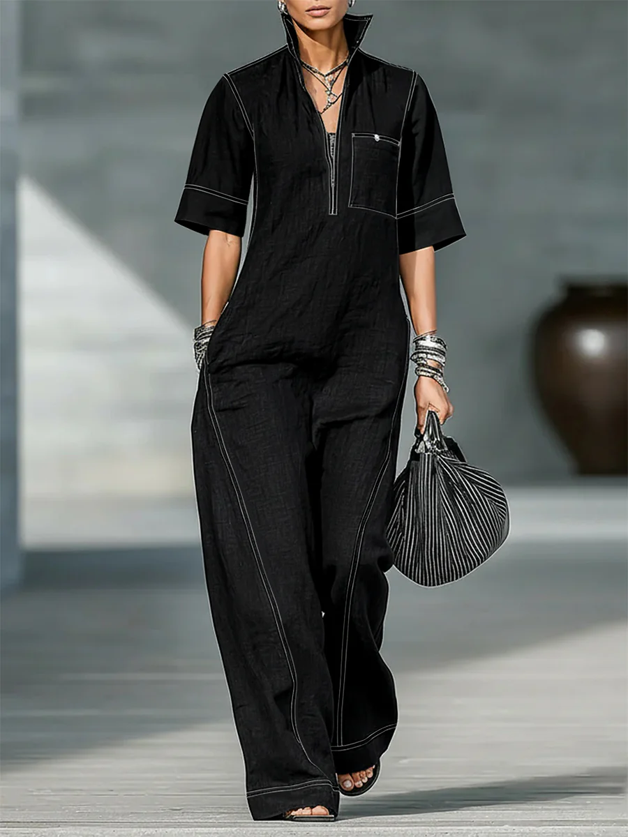 Loose Short Sleeves Pockets Solid Color Zipper Stand Collar Jumpsuits