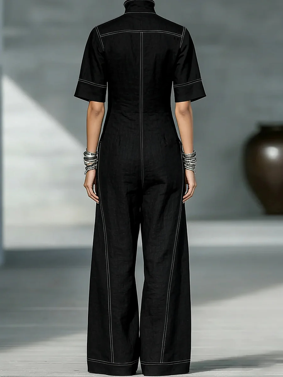 Loose Short Sleeves Pockets Solid Color Zipper Stand Collar Jumpsuits - Image 2