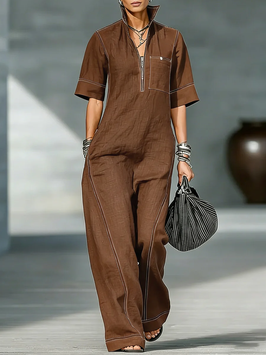 Loose Short Sleeves Pockets Solid Color Zipper Stand Collar Jumpsuits - Image 3