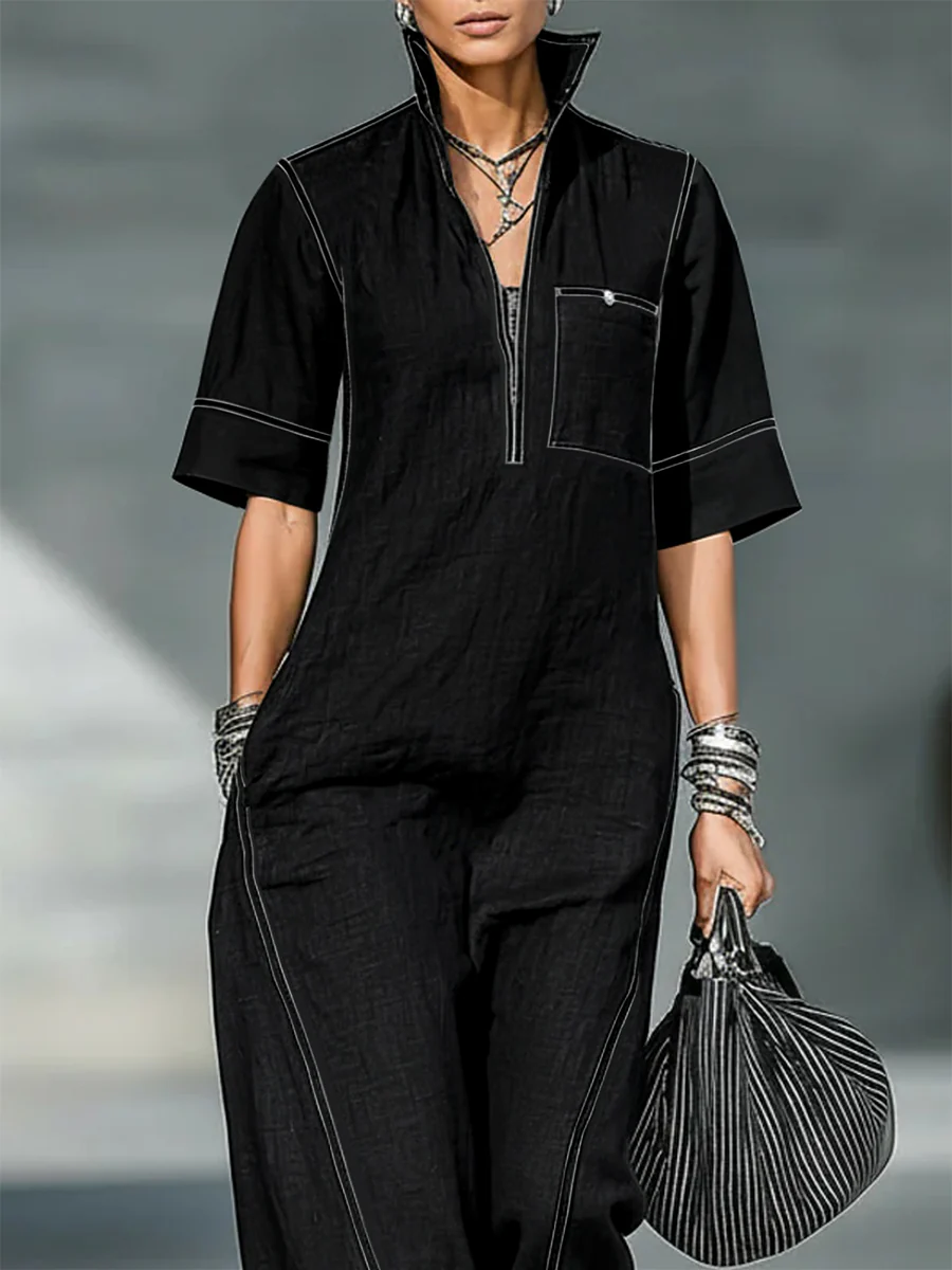 Loose Short Sleeves Pockets Solid Color Zipper Stand Collar Jumpsuits - Image 4