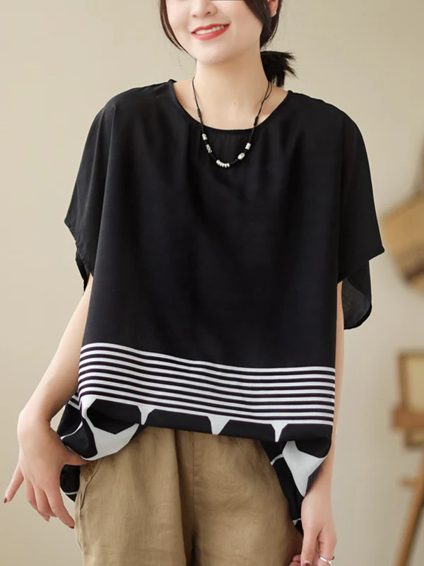 Loose Short Sleeves Polka Dot Split-Joint Striped Round-Neck T-Shirts Tops - Image 3