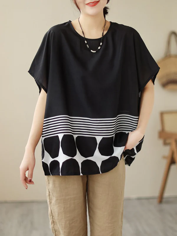 Loose Short Sleeves Polka Dot Split-Joint Striped Round-Neck T-Shirts Tops - Image 4
