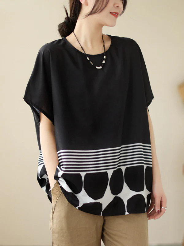Loose Short Sleeves Polka Dot Split-Joint Striped Round-Neck T-Shirts Tops - Image 5