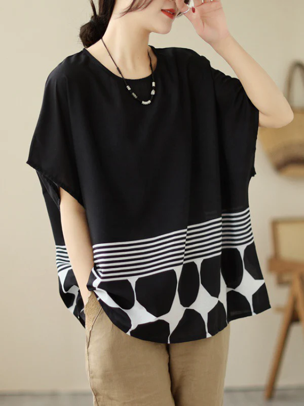 Loose Short Sleeves Polka Dot Split-Joint Striped Round-Neck T-Shirts Tops - Image 6