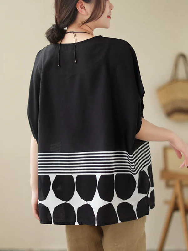 Loose Short Sleeves Polka Dot Split-Joint Striped Round-Neck T-Shirts Tops - Image 7
