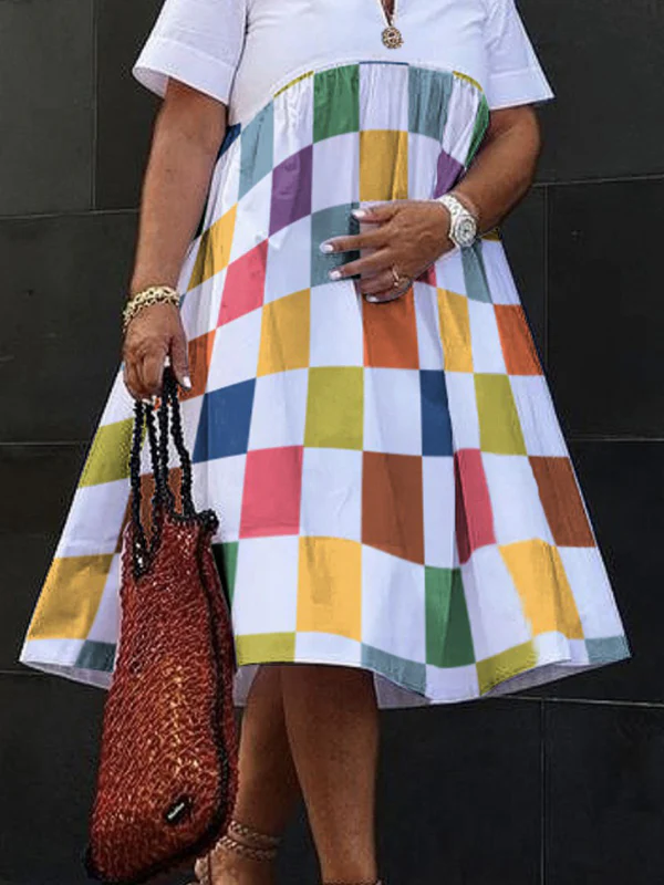 Loose Short Sleeves Printed Rainbow Plaid V-Neck Midi Dresses - Image 3