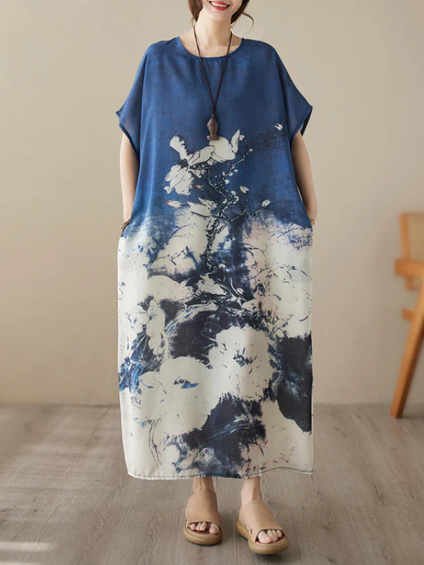 Loose Short Sleeves Printed Round-Neck Maxi Dresses - Image 2