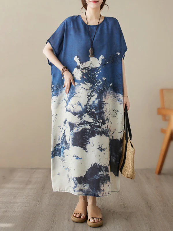 Loose Short Sleeves Printed Round-Neck Maxi Dresses - Image 3