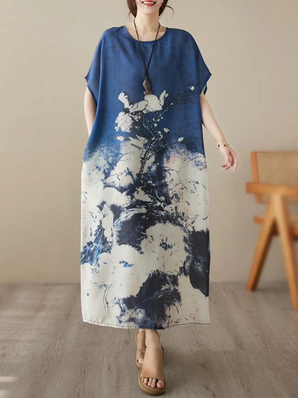 Loose Short Sleeves Printed Round-Neck Maxi Dresses - Image 4
