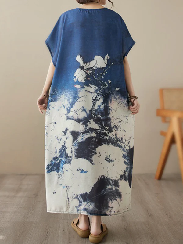 Loose Short Sleeves Printed Round-Neck Maxi Dresses - Image 5