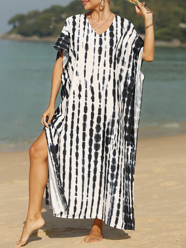 Loose Short Sleeves Printed Split-Side Sun Protection V-Neck Maxi Dresses - Image 2