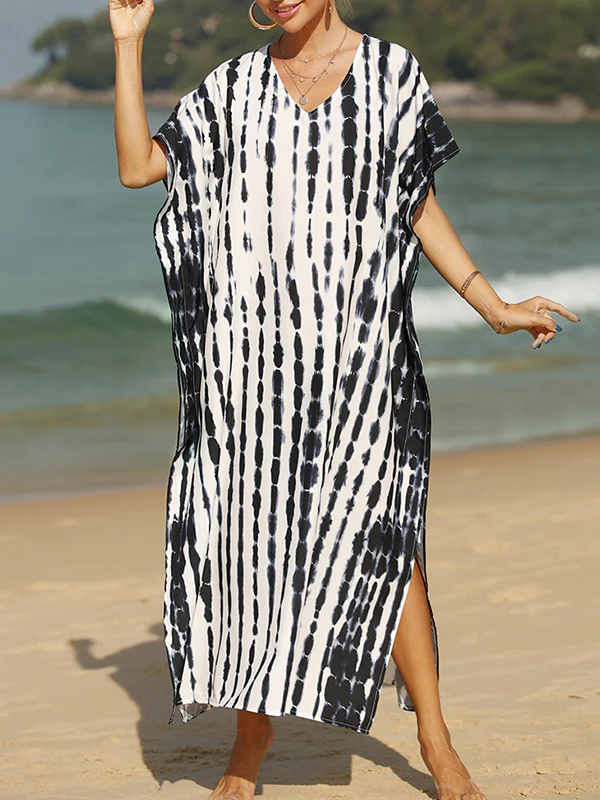 Loose Short Sleeves Printed Split-Side Sun Protection V-Neck Maxi Dresses - Image 3