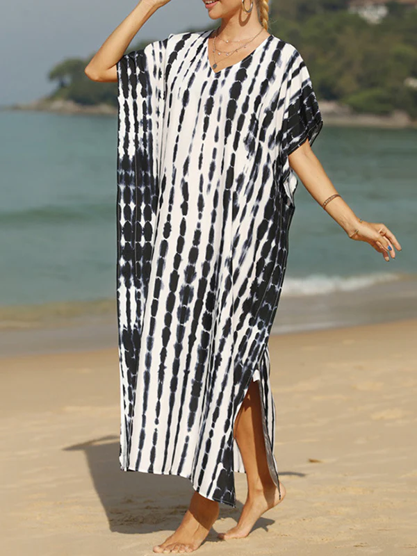 Loose Short Sleeves Printed Split-Side Sun Protection V-Neck Maxi Dresses - Image 4