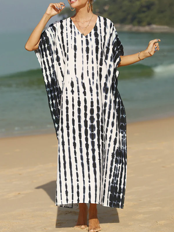 Loose Short Sleeves Printed Split-Side Sun Protection V-Neck Maxi Dresses - Image 5