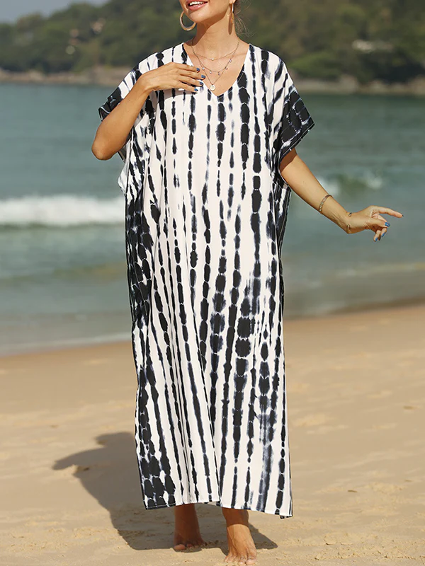 Loose Short Sleeves Printed Split-Side Sun Protection V-Neck Maxi Dresses - Image 6