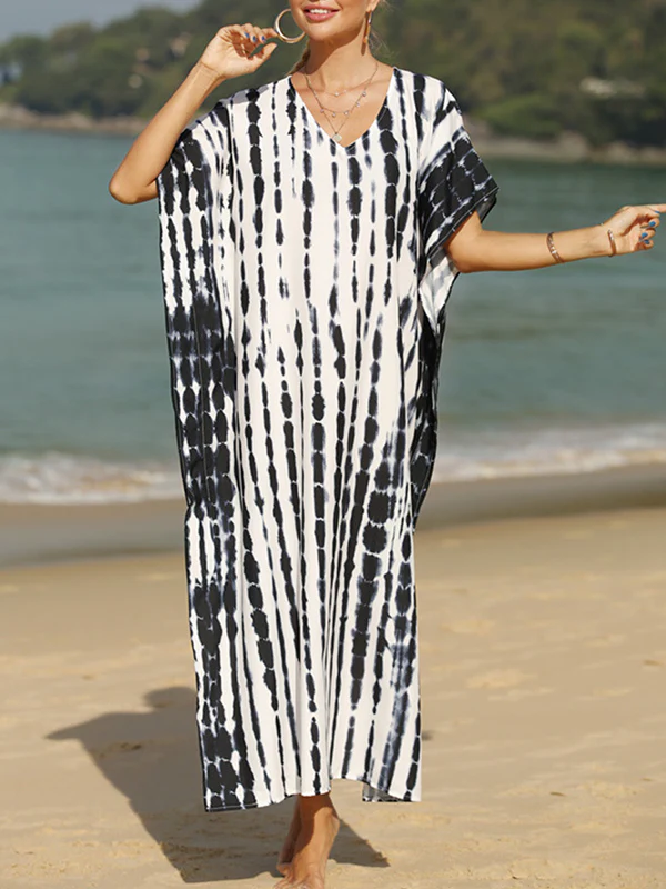 Loose Short Sleeves Printed Split-Side Sun Protection V-Neck Maxi Dresses - Image 7