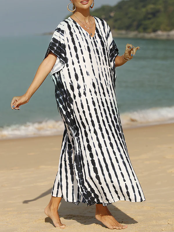 Loose Short Sleeves Printed Split-Side Sun Protection V-Neck Maxi Dresses - Image 8