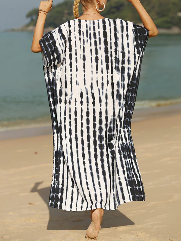 Loose Short Sleeves Printed Split-Side Sun Protection V-Neck Maxi Dresses - Image 9