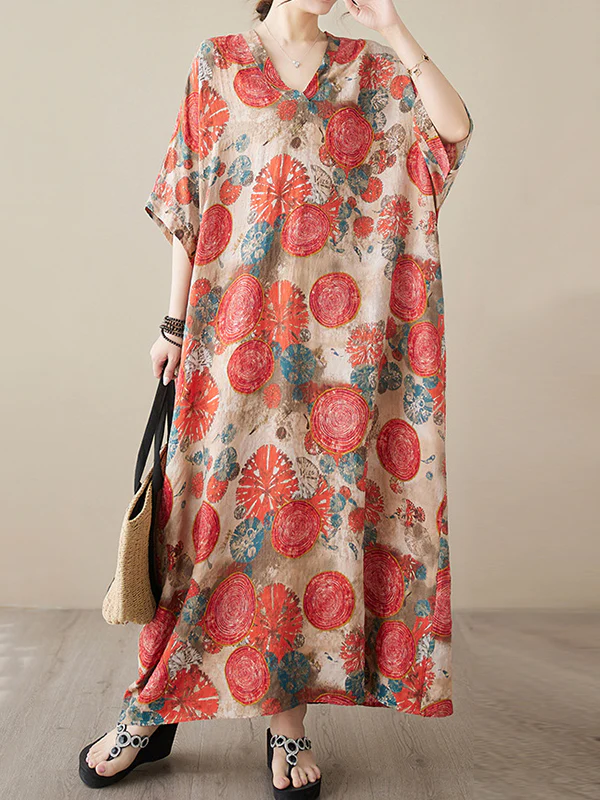 Loose Short Sleeves Printed V-Neck Maxi Dresses - Image 2