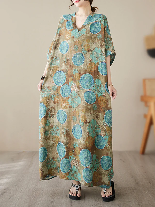 Loose Short Sleeves Printed V-Neck Maxi Dresses - Image 3