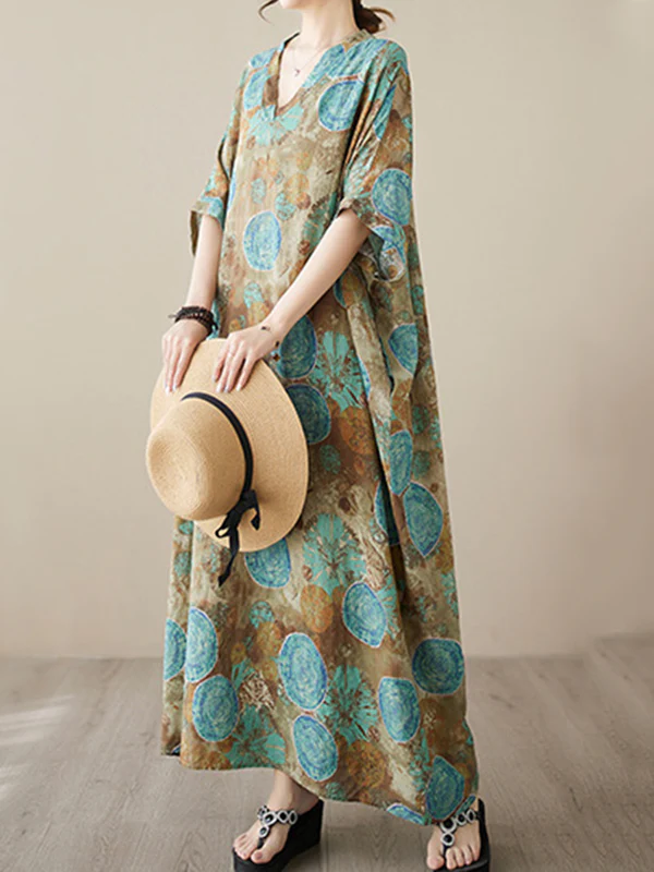 Loose Short Sleeves Printed V-Neck Maxi Dresses - Image 4
