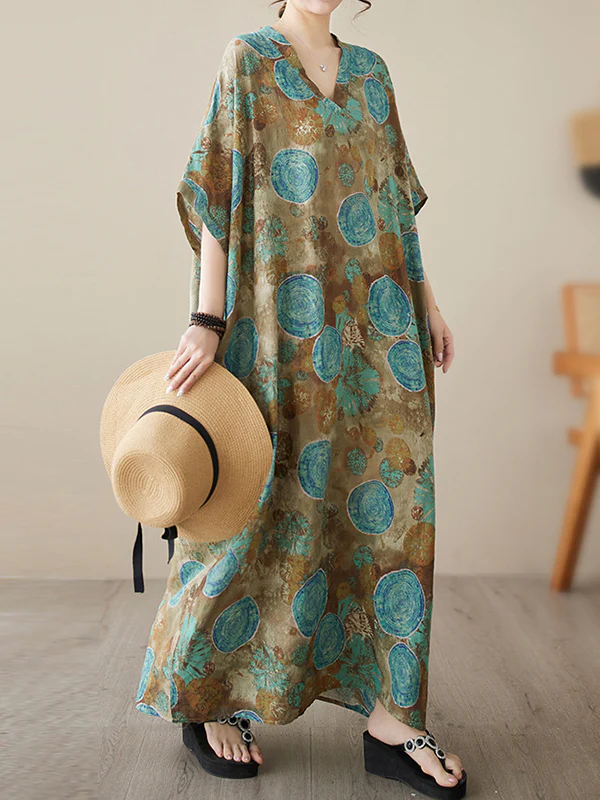 Loose Short Sleeves Printed V-Neck Maxi Dresses - Image 5