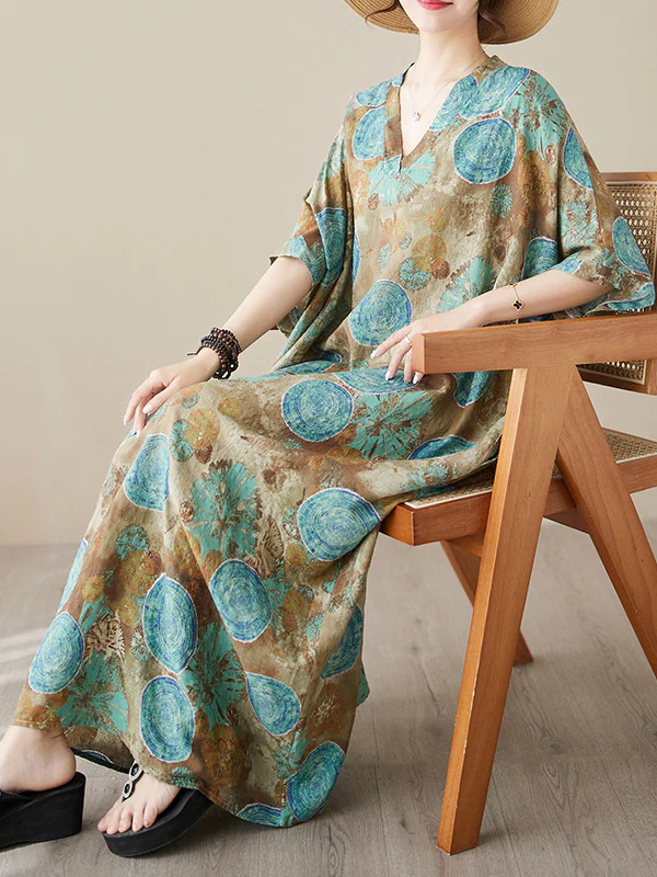 Loose Short Sleeves Printed V-Neck Maxi Dresses - Image 6