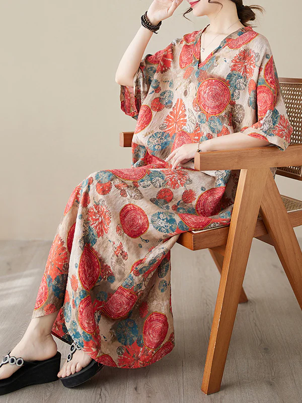 Loose Short Sleeves Printed V-Neck Maxi Dresses - Image 7