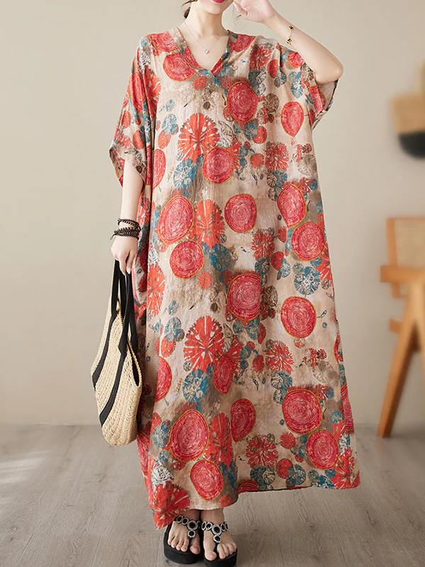 Loose Short Sleeves Printed V-Neck Maxi Dresses - Image 8
