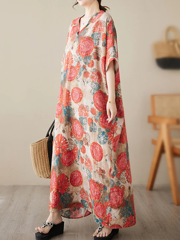 Loose Short Sleeves Printed V-Neck Maxi Dresses - Image 9
