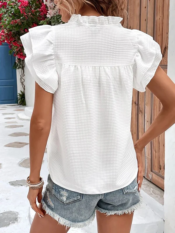 Loose Short Sleeves Ruffle Trim Solid Color Split-Joint V-Neck Blouses&Shirts Tops - Image 10