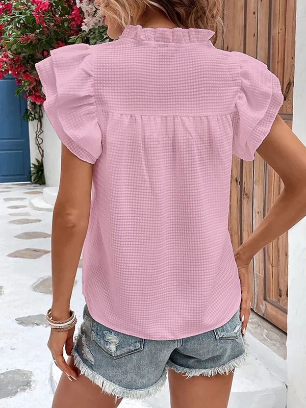 Loose Short Sleeves Ruffle Trim Solid Color Split-Joint V-Neck Blouses&Shirts Tops - Image 7