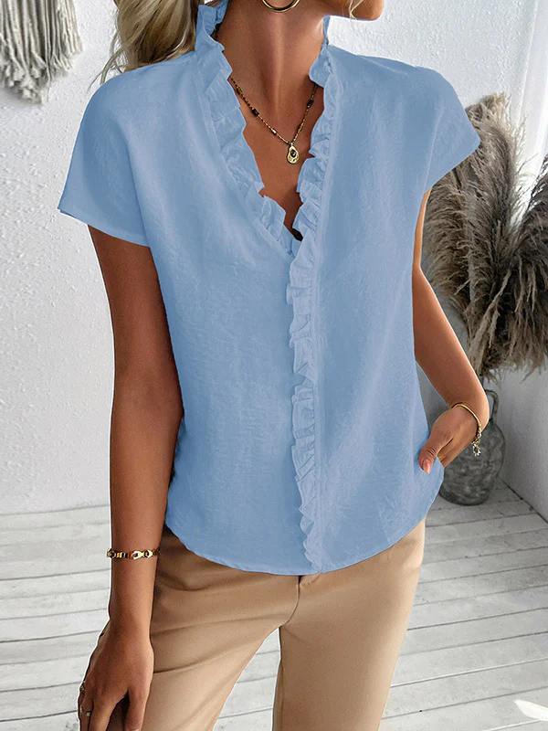 Loose Short Sleeves Ruffle Trim Solid Color V-Neck Blouses&Shirts Tops - Image 10