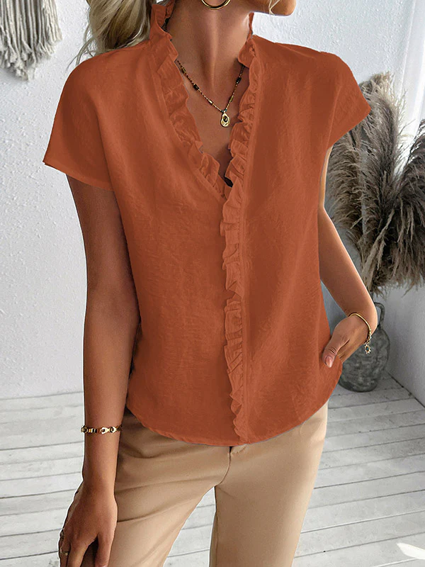 Loose Short Sleeves Ruffle Trim Solid Color V-Neck Blouses&Shirts Tops - Image 12