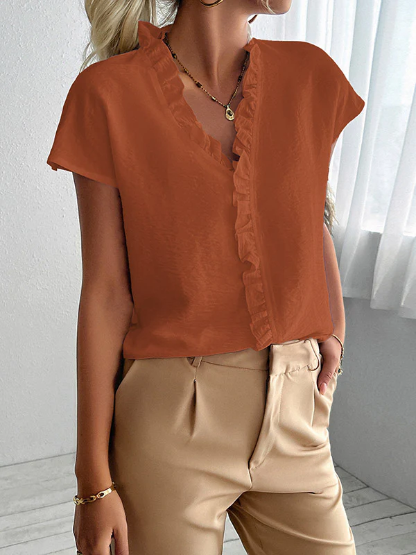 Loose Short Sleeves Ruffle Trim Solid Color V-Neck Blouses&Shirts Tops - Image 13