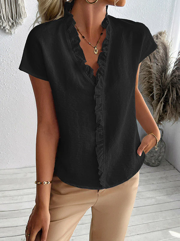 Loose Short Sleeves Ruffle Trim Solid Color V-Neck Blouses&Shirts Tops - Image 14