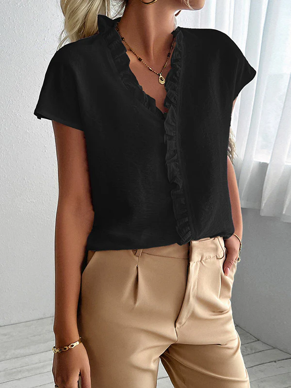 Loose Short Sleeves Ruffle Trim Solid Color V-Neck Blouses&Shirts Tops - Image 15