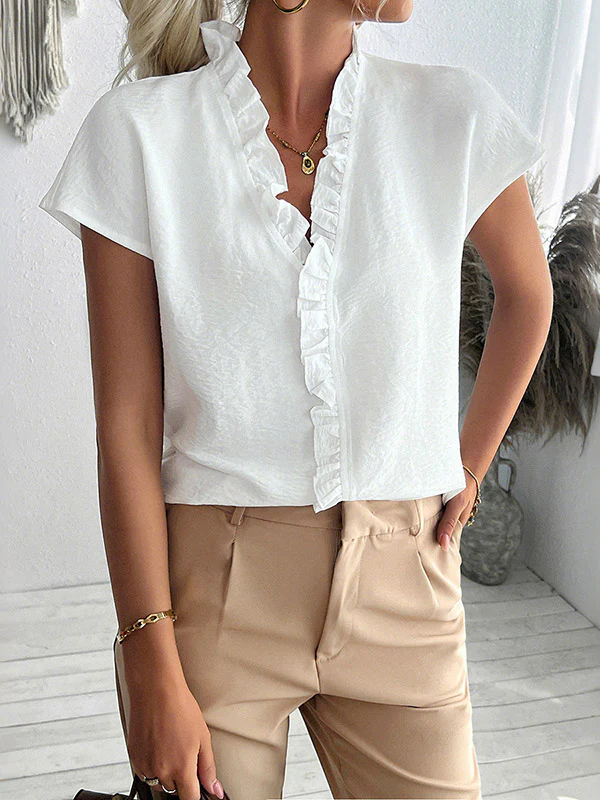 Loose Short Sleeves Ruffle Trim Solid Color V-Neck Blouses&Shirts Tops - Image 2