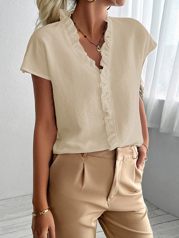Loose Short Sleeves Ruffle Trim Solid Color V-Neck Blouses&Shirts Tops - Image 3