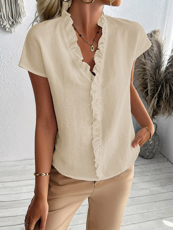 Loose Short Sleeves Ruffle Trim Solid Color V-Neck Blouses&Shirts Tops - Image 4
