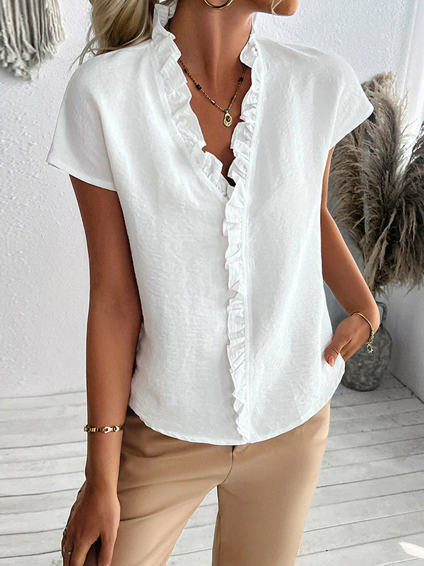Loose Short Sleeves Ruffle Trim Solid Color V-Neck Blouses&Shirts Tops - Image 5